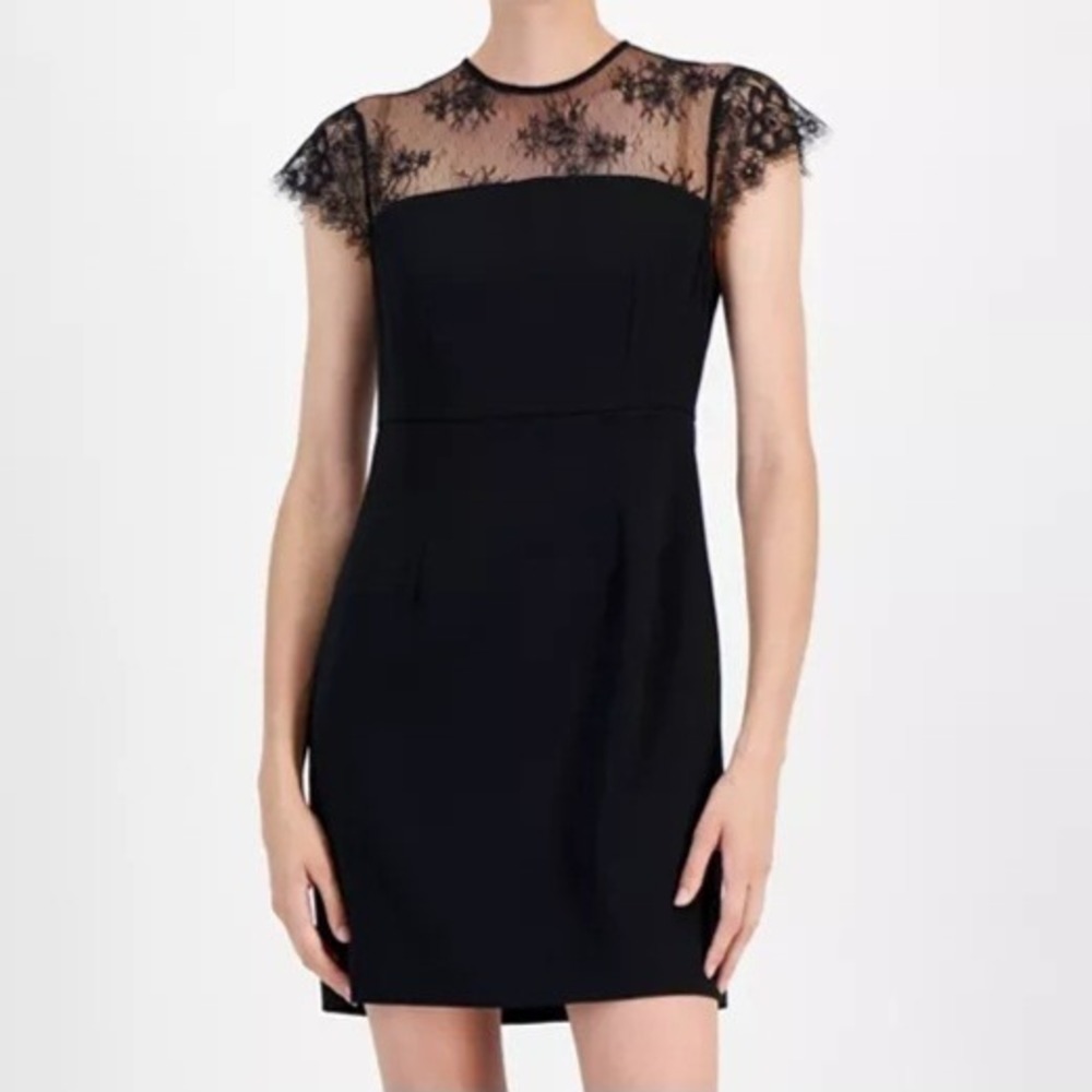Boss Orange Domina Lace Cap‎ Sleeve Sheath Black Floral Dress Womens Size L NWT